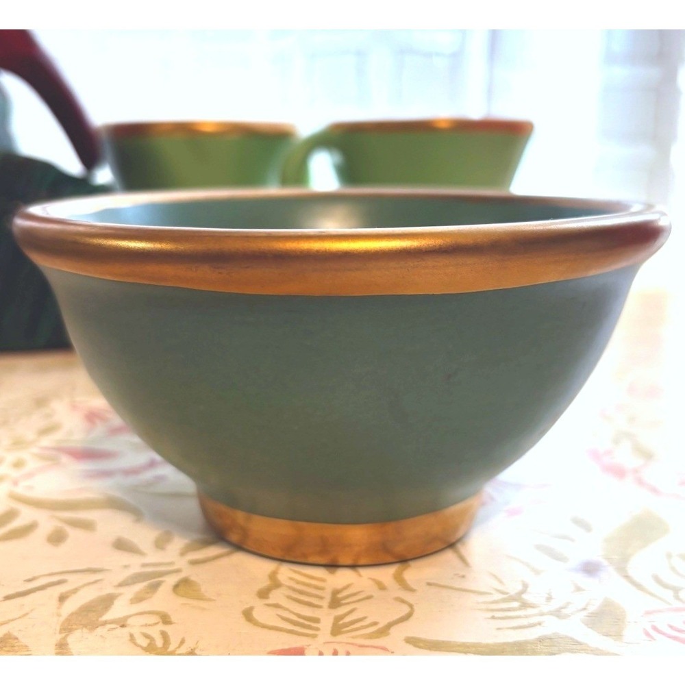 Vintage Julie Sanders Cyclamen CA Pottery 5" Bowl Emerald Green Gold Trim